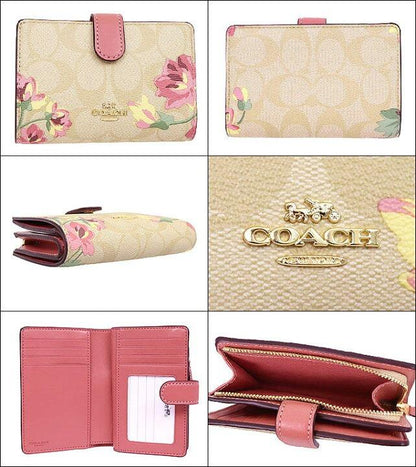 Coach Original Classic MEDIUM CORNER ZIP WALLET IN SIGNATURE CANVAS WITH LILY PRINT LIGHT KHAKI/PINK MULTI/GOLD