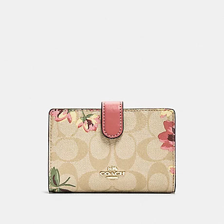 Coach Original Classic MEDIUM CORNER ZIP WALLET IN SIGNATURE CANVAS WITH LILY PRINT LIGHT KHAKI/PINK MULTI/GOLD