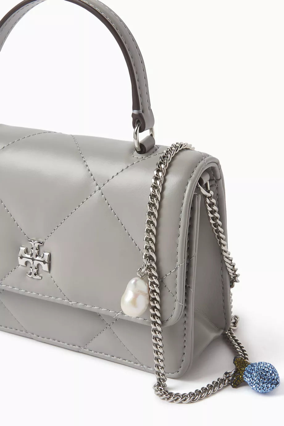 KIRA DIAMOND QUILT CHARM MINI TOP HANDLE CHAIN WALLET GRAY