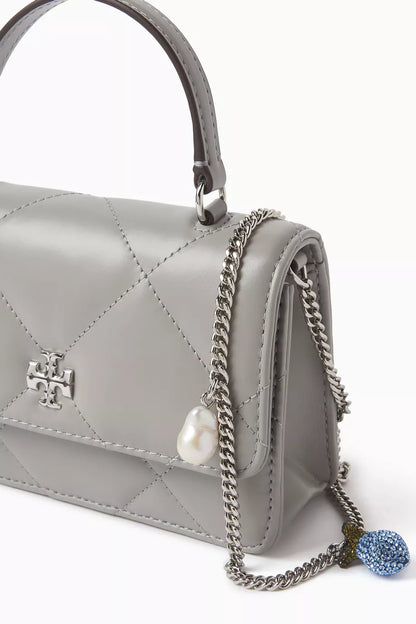 KIRA DIAMOND QUILT CHARM MINI TOP HANDLE CHAIN WALLET GRAY