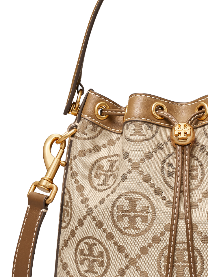 Tory Burch T Monogram Jacquard Bucket Beige Bag