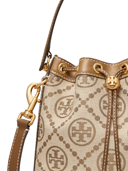 Tory Burch T Monogram Jacquard Bucket Beige Bag