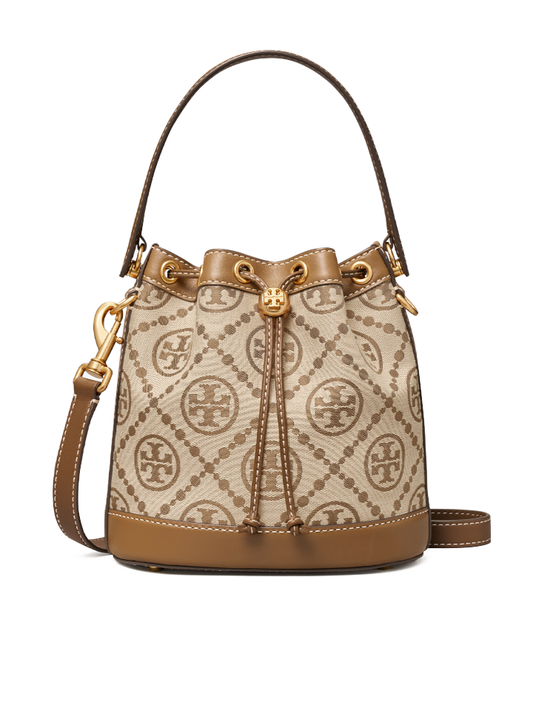 Tory Burch T Monogram Jacquard Bucket Beige Bag