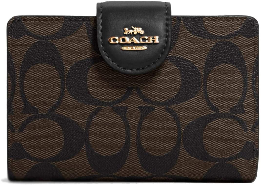 Coach Medium Corner Zip Wallet In Signature Canvas Gold/Brown/Black