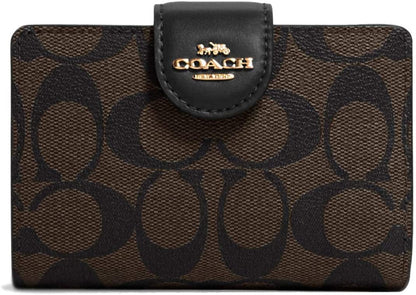 Coach Medium Corner Zip Wallet In Signature Canvas Gold/Brown/Black
