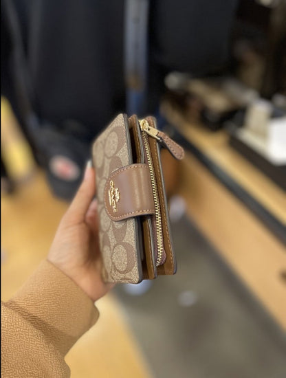 COACH Medium Corner Zip Wallet in Signature Canvas Khaki/Brown