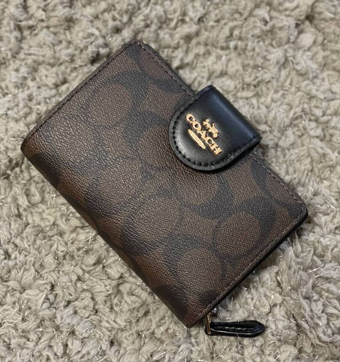 Coach Medium Corner Zip Wallet In Signature Canvas Gold/Brown/Black