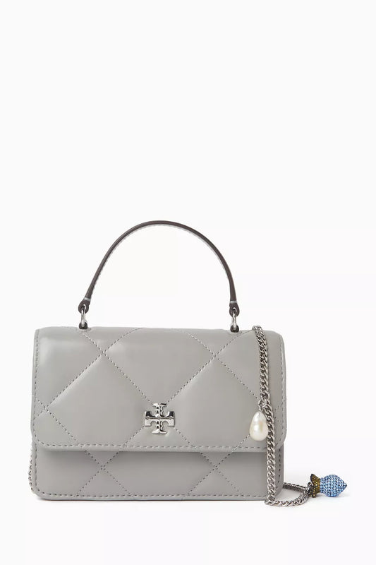 KIRA DIAMOND QUILT CHARM MINI TOP HANDLE CHAIN WALLET GRAY