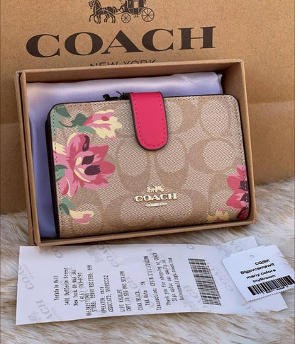 Coach Original Classic MEDIUM CORNER ZIP WALLET IN SIGNATURE CANVAS WITH LILY PRINT LIGHT KHAKI/PINK MULTI/GOLD