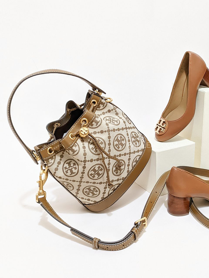 Tory Burch T Monogram Jacquard Bucket Beige Bag