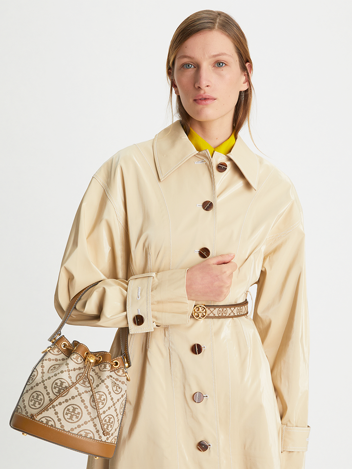 Tory Burch T Monogram Jacquard Bucket Beige Bag